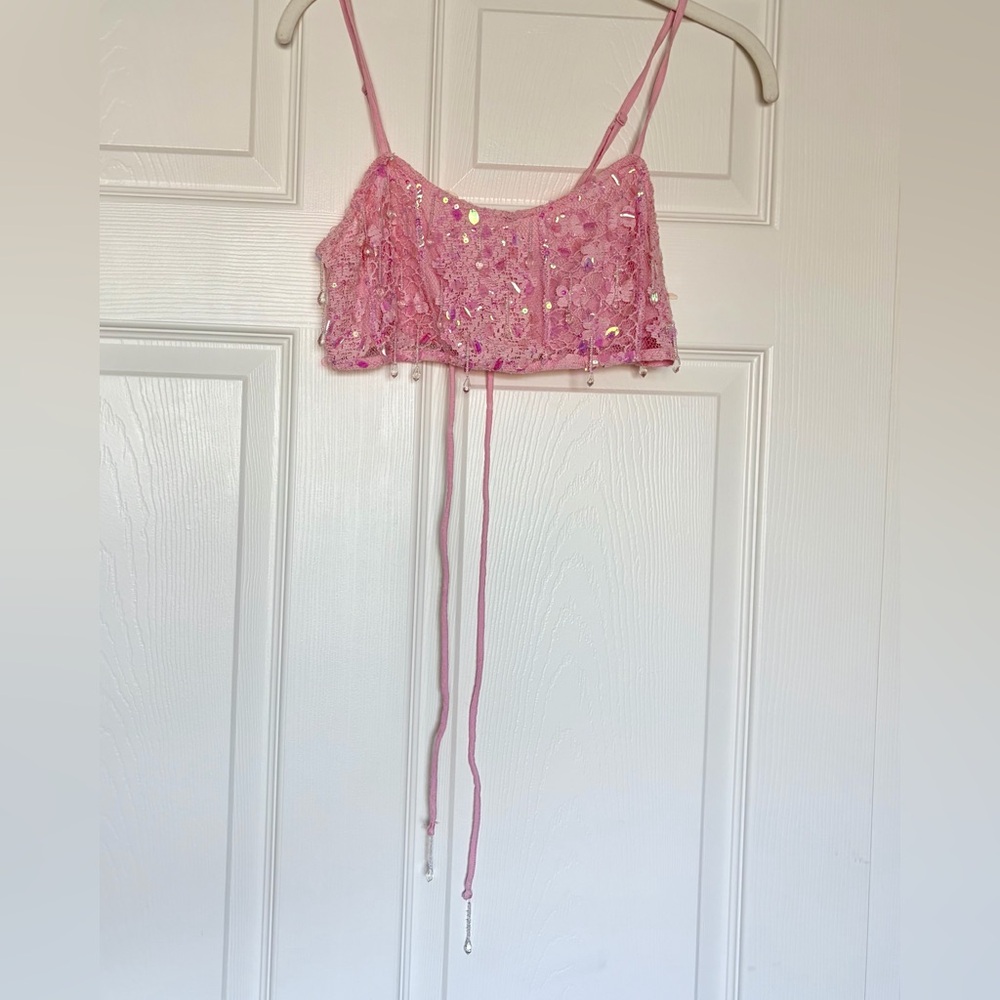NWOT Pink Sparkly Sequin & Jewels Lace Cami Crop Top — Small - Picture 4 of 10
